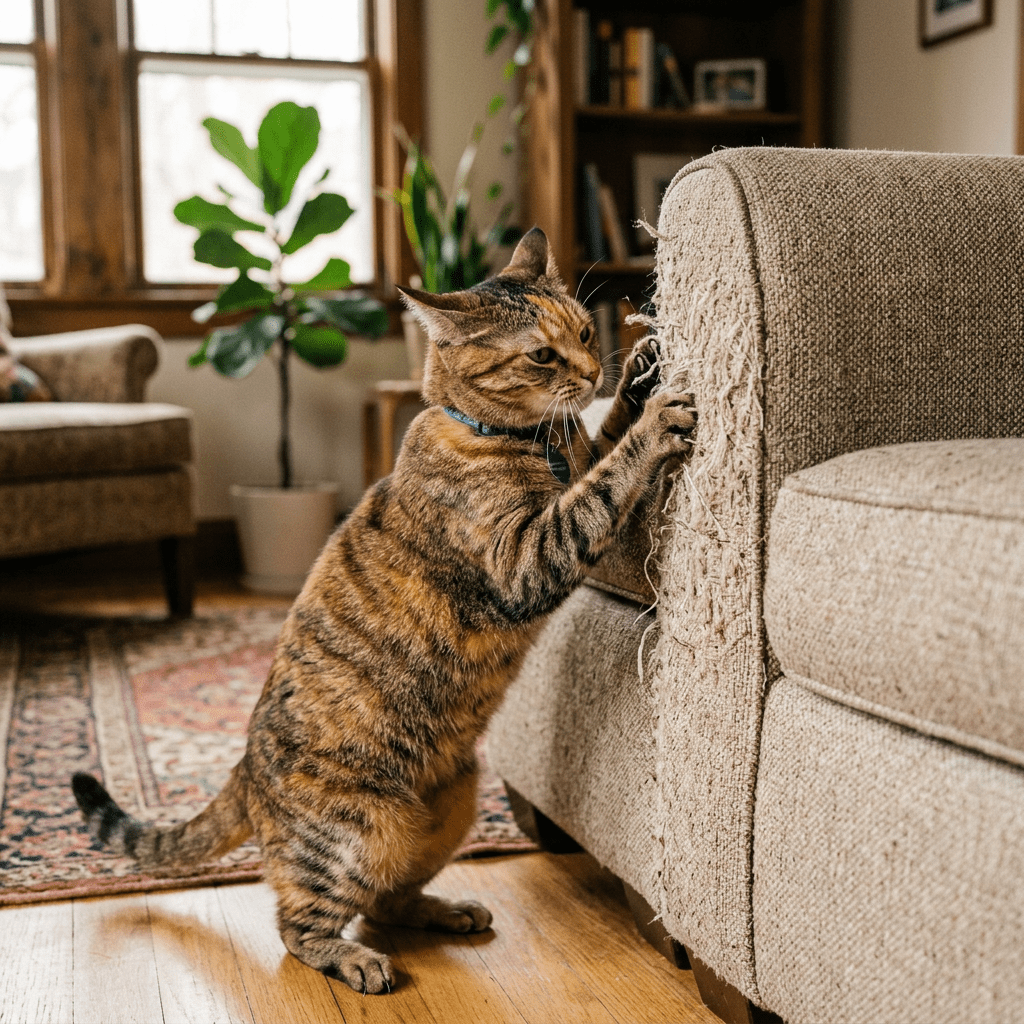 Tabby cat scratching the arm of a beige sofa causing fabric damage