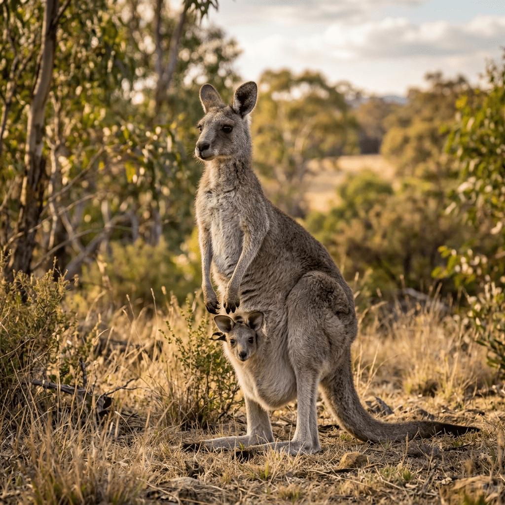 Adult kangaroo standing with joey visible in pouch in natural setting