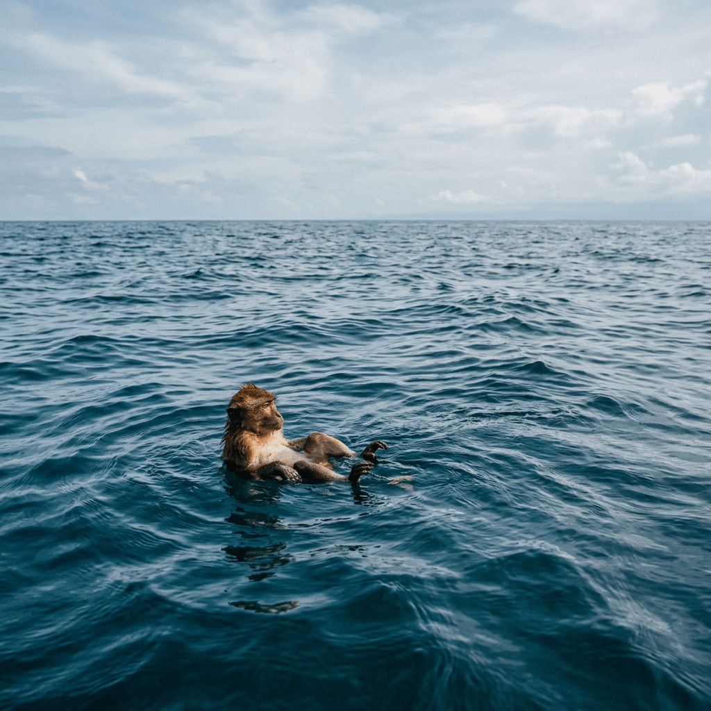 Macaque floating on its back in open ocean water