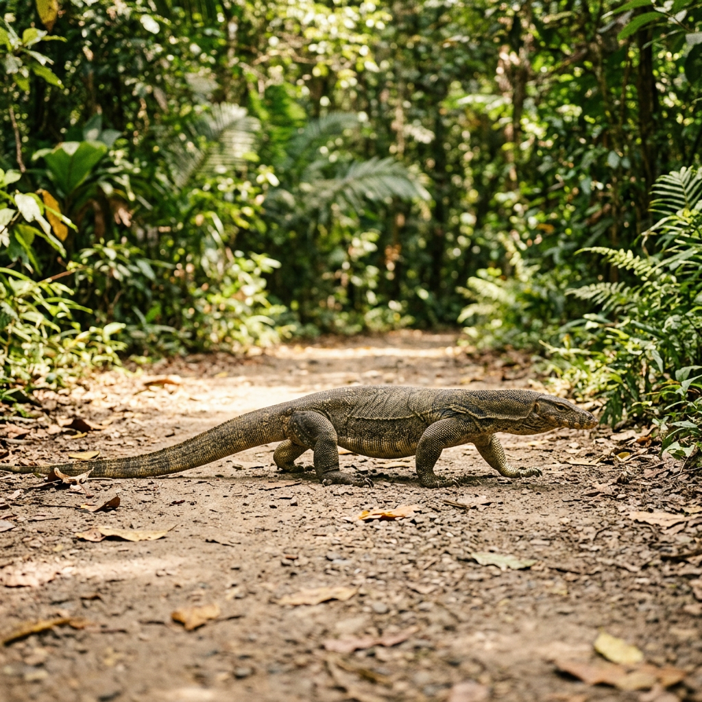 Monitor lizard walking across a dirt trail in tropical forest