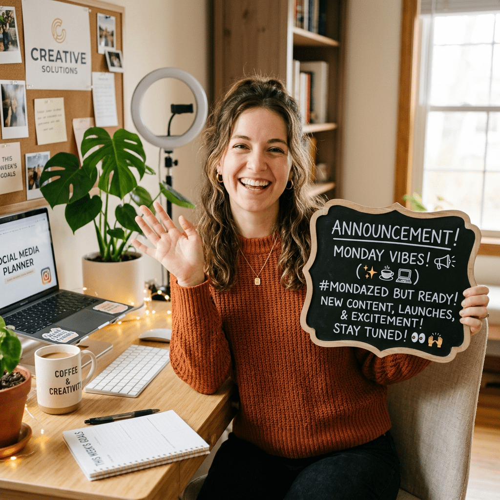 Smiling woman waves beside a chalkboard reading “ANNOUNCEMENT! MONDAY VIBES! #MONDAZED BUT READY! NEW CONTENT LAUNCHES, & EXCITEMENT! STAY TUNED!”