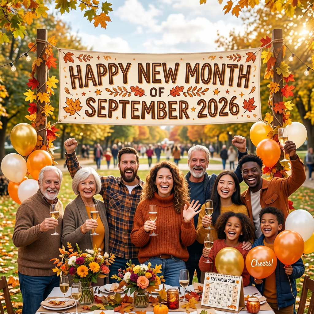Group celebrating beneath a banner reading Happy New Month of September 2026