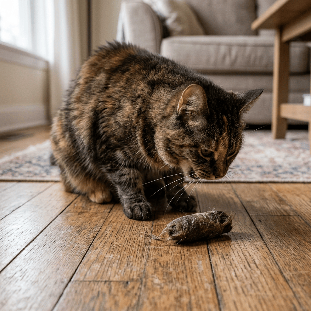 Tabby cat investigating a plush mouse toy on a wooden floor