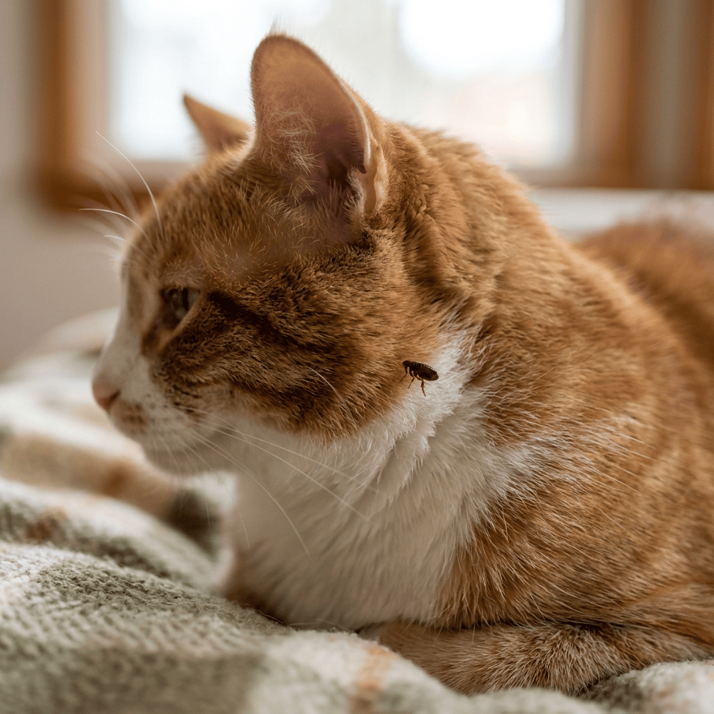 Orange-and-white cat resting with a flea visible on its neck
