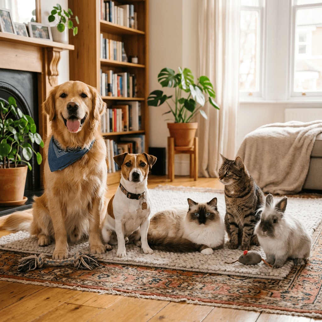 Golden retriever, dog, two cats, and rabbit sitting together indoors