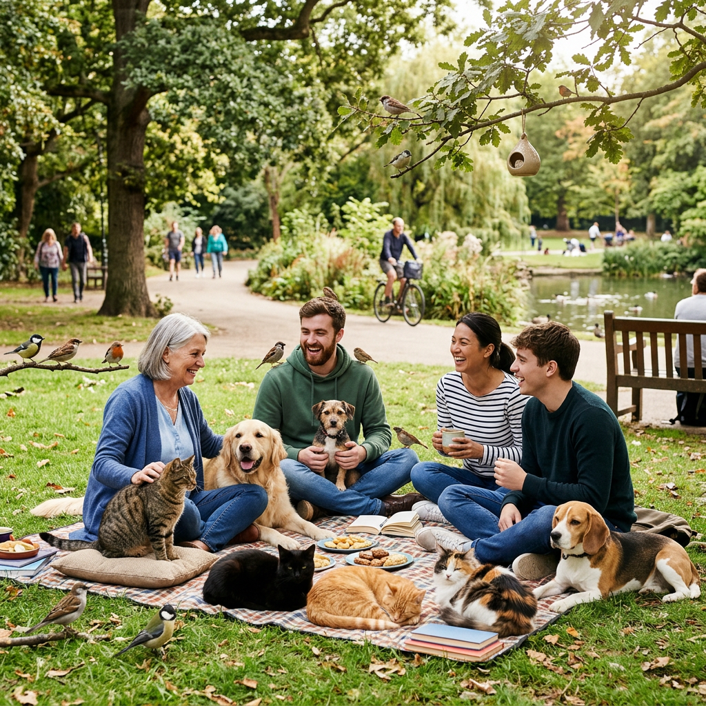 Four people picnic with dogs, cats, and birds in a park