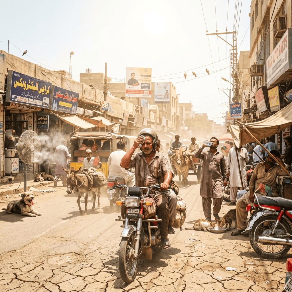 Busy market street with motorcycles, auto-rickshaws, pedestrians, and storefronts