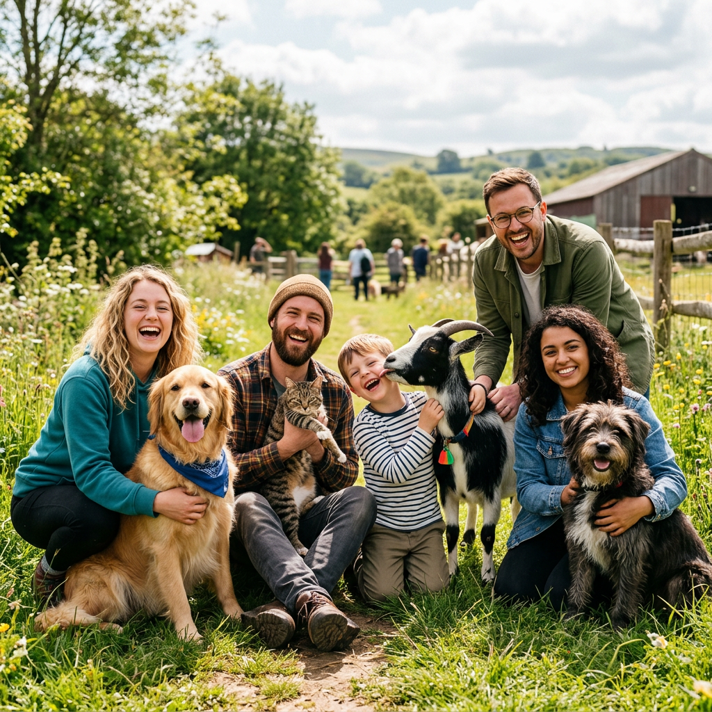 Five people smiling with two dogs, a cat, and a goat on a farm