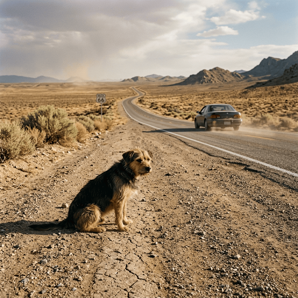 Dog sitting beside Route 66 as a car drives through desert