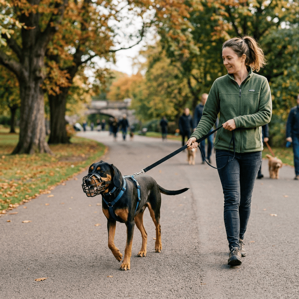Woman walking a muzzled Rottweiler on a leash through an autumn park