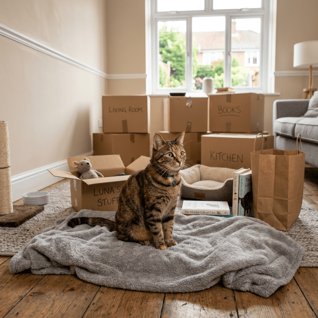 Tabby cat sitting on a gray blanket among labeled moving boxes
