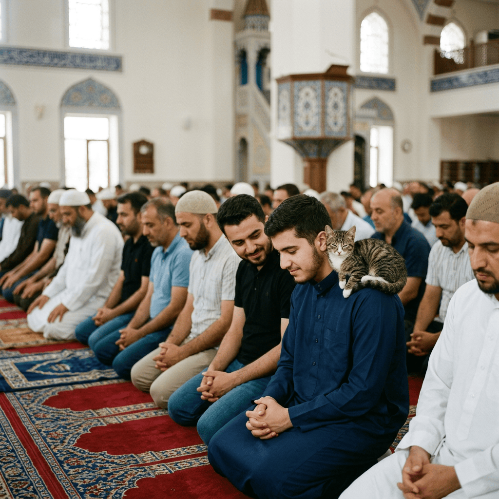 Men kneeling in prayer inside a mosque, with a cat on one man’s shoulder