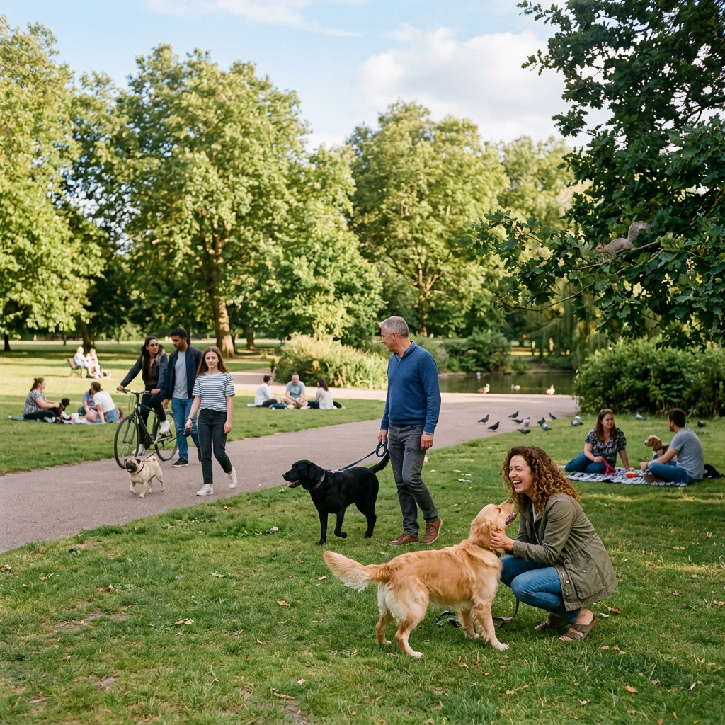 People walking dogs and relaxing beside a pond in a park