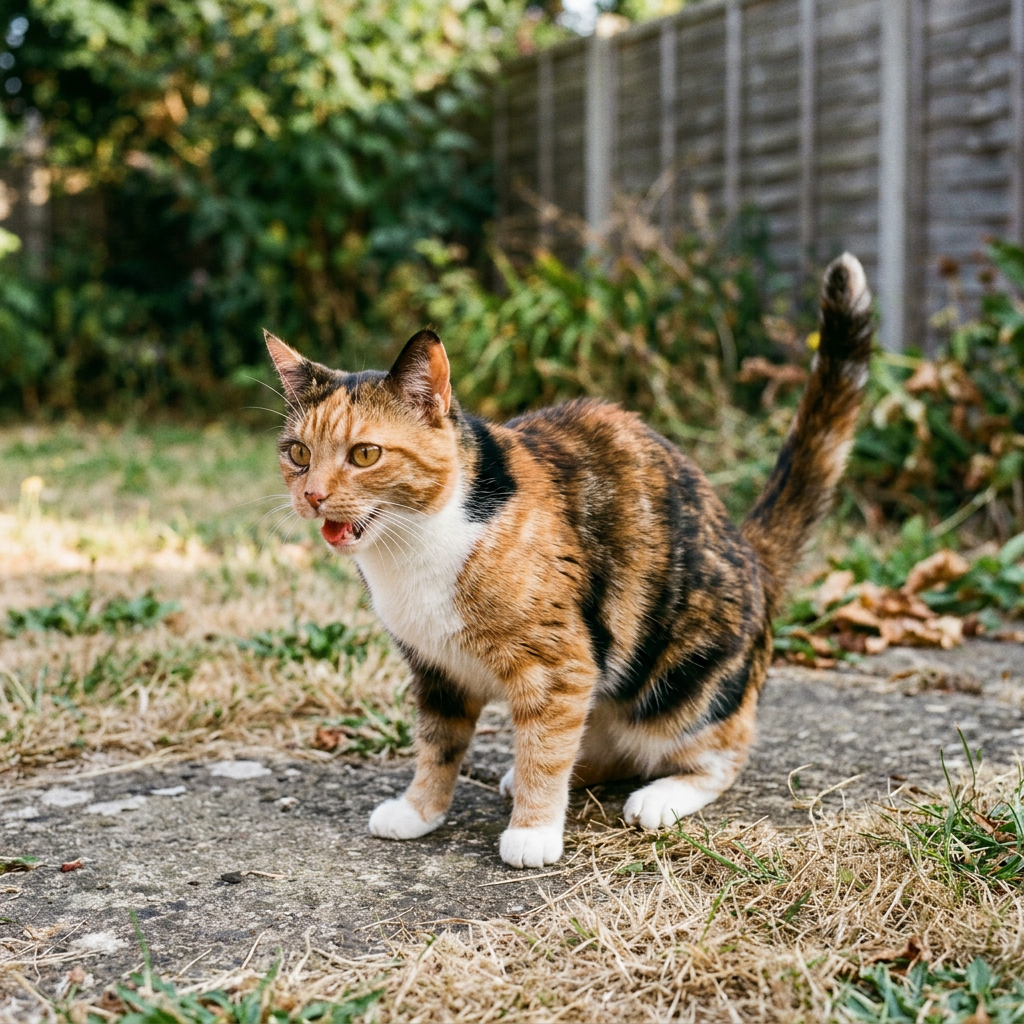 Calico cat standing on a garden path with its mouth open