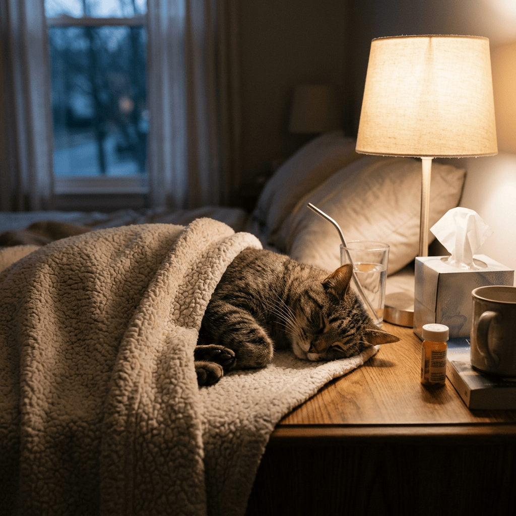 Sleeping tabby cat under a blanket beside a lamp, tissues, drink, and medicine