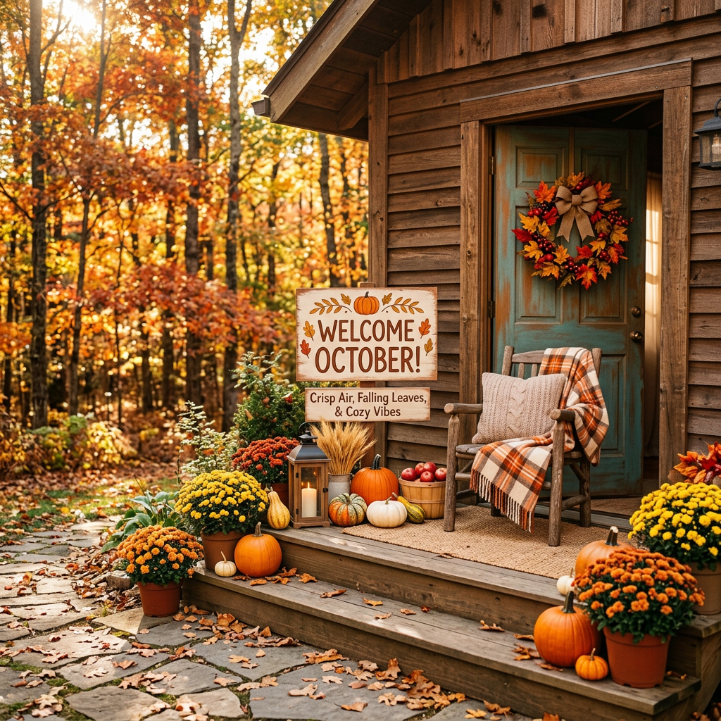 Cabin porch decorated for October with pumpkins, flowers, wreath, and welcome signs