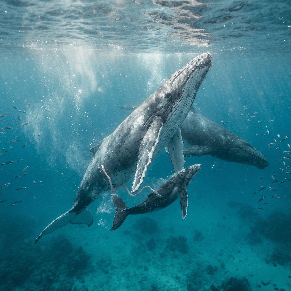 Humpback whale swimming with calf beneath the ocean surface