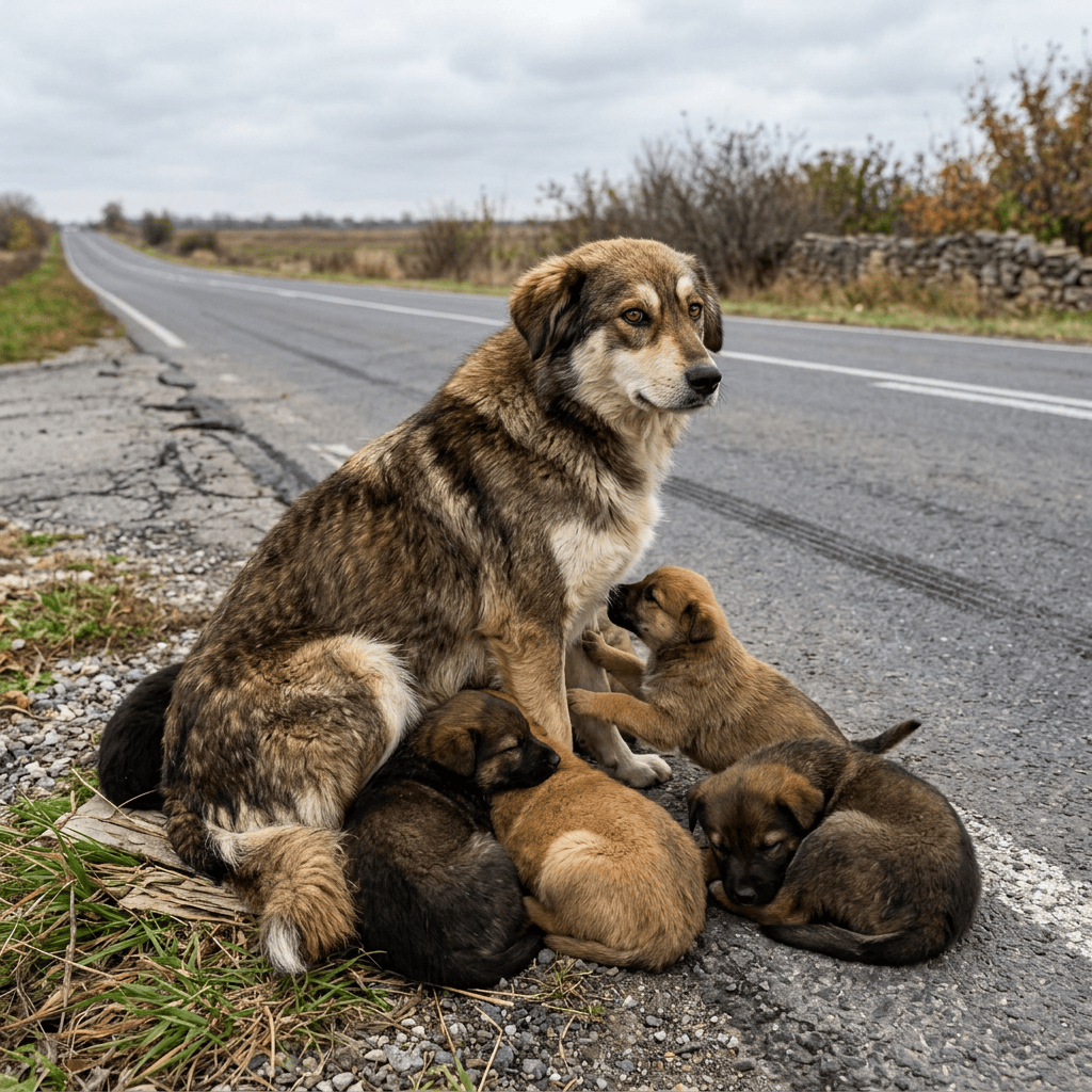 Mother dog sitting with five puppies beside a rural road