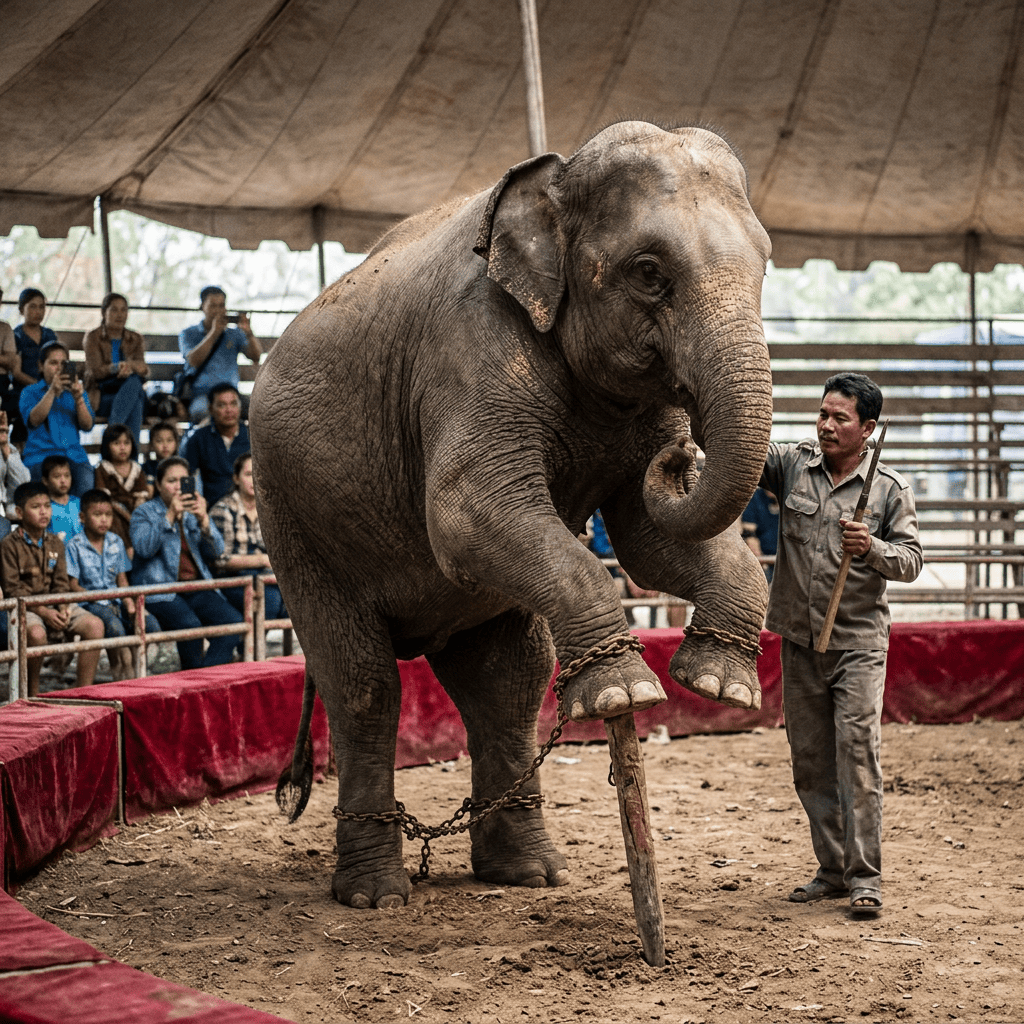 Tethered elephant performing beside a handler before an audience