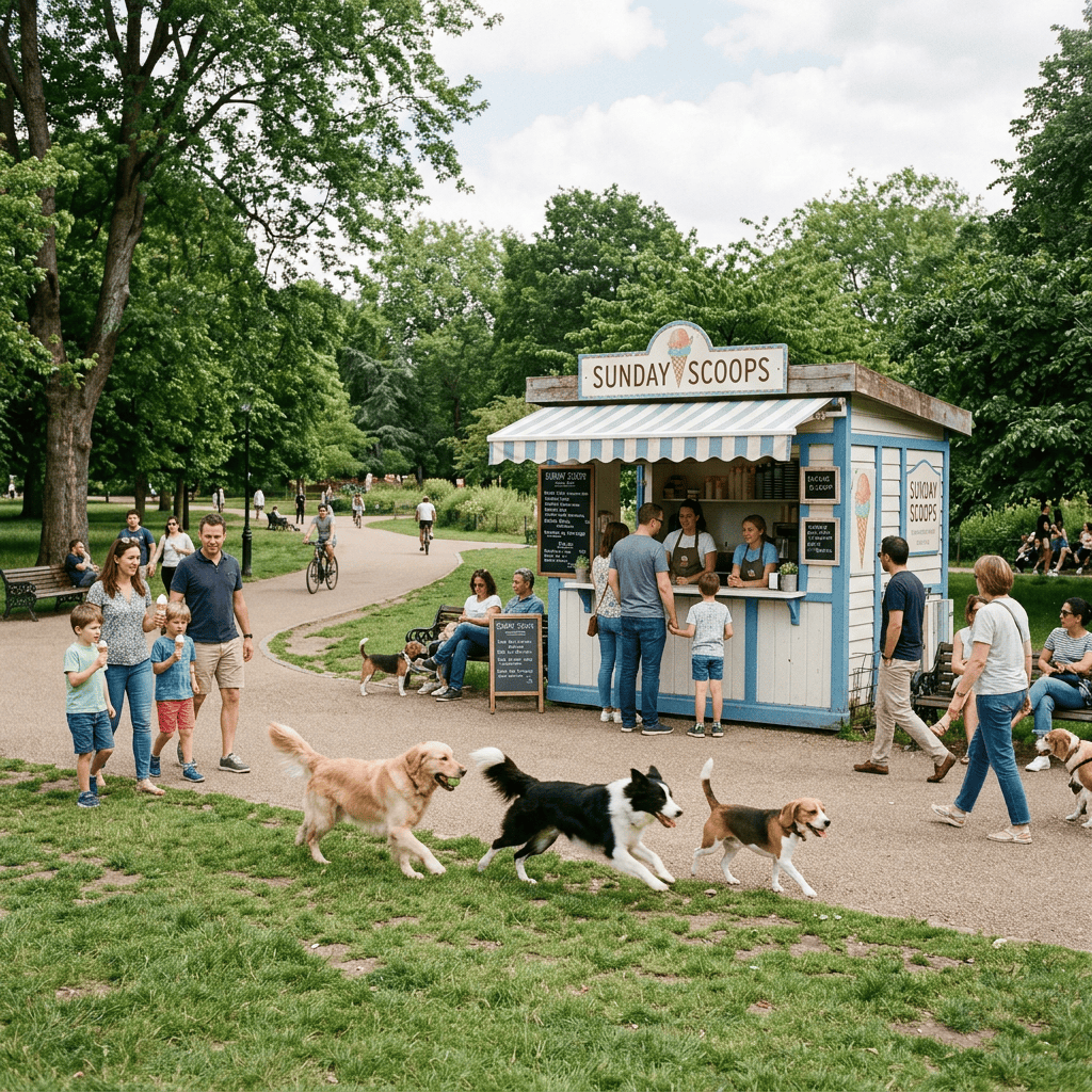 People and running dogs near an ice cream kiosk