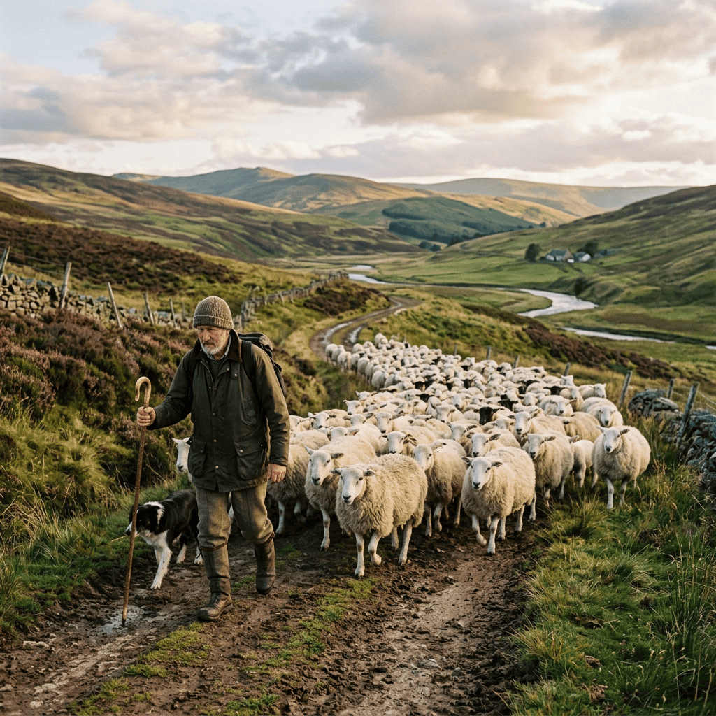 Shepherd guiding sheep and dog along a muddy path through green hills