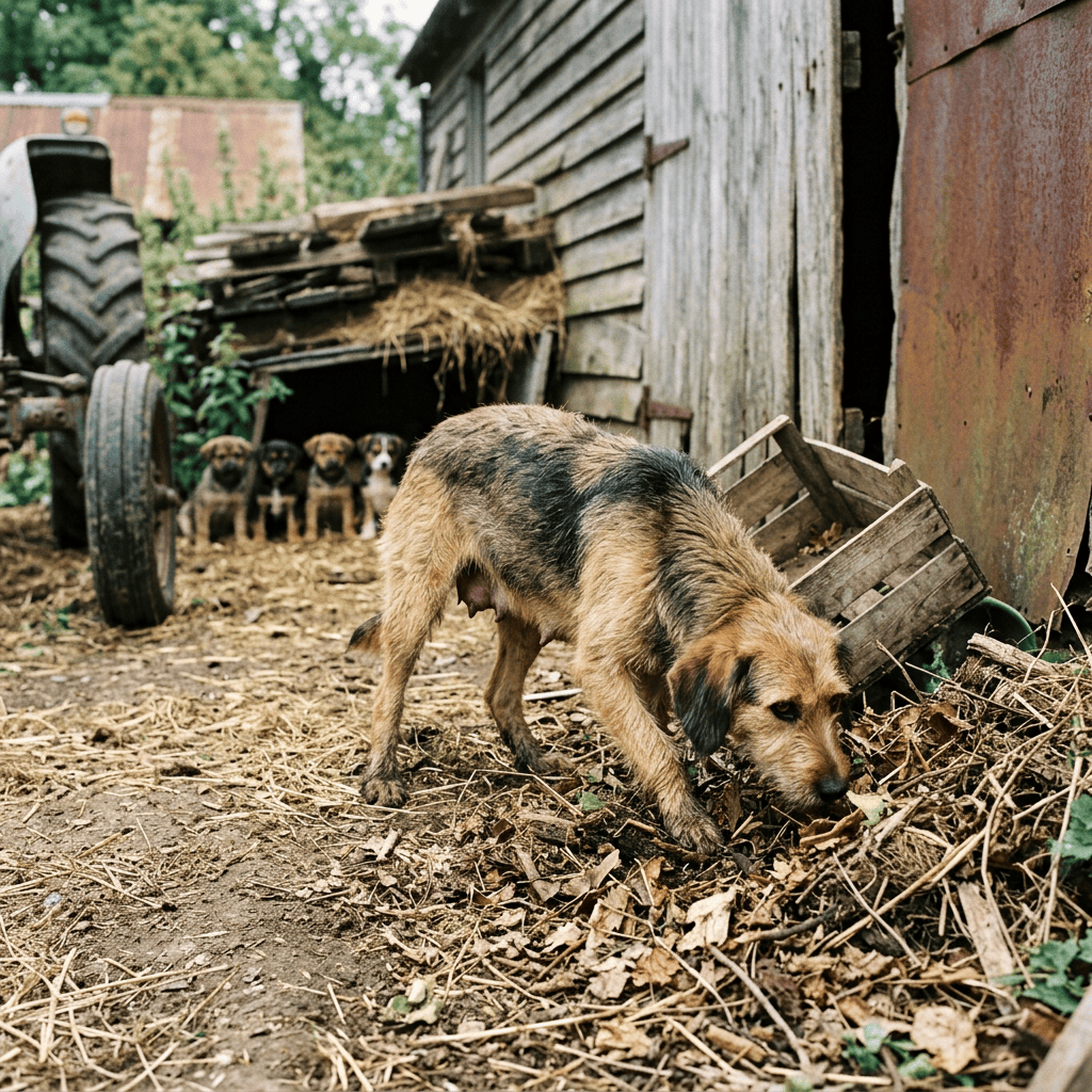 Farm dog sniffing ground with four puppies watching from a shed