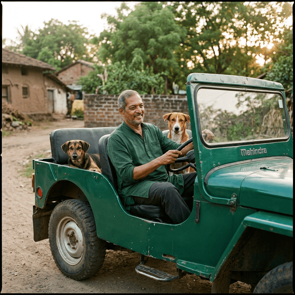 Man driving a green Mahindra jeep with two dogs in a rural village