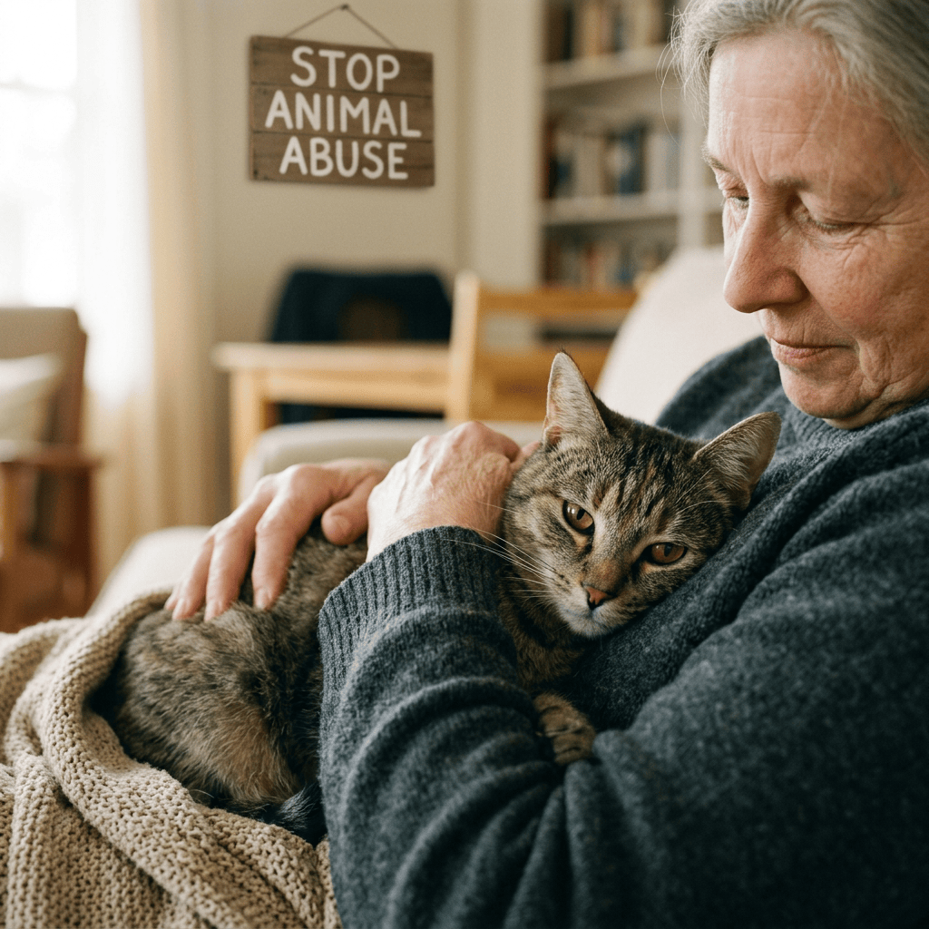 Older woman cuddling a tabby cat beneath a Stop Animal Abuse sign
