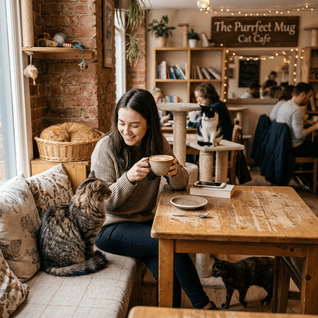 Woman holding coffee beside a cat in a cozy cat café
