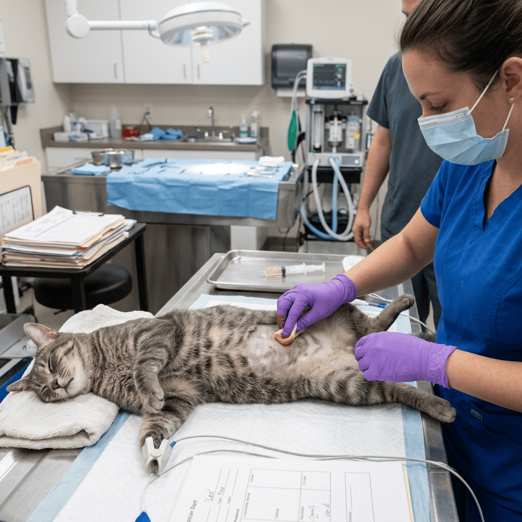 Veterinary professional examining a sedated cat on a surgical table