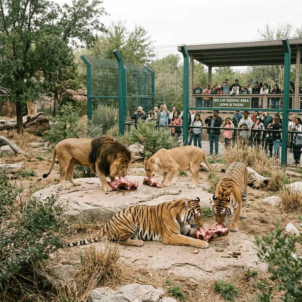 Two lions and two tigers eating meat in a zoo enclosure
