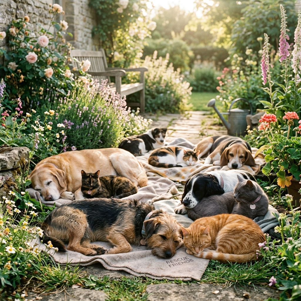 Several rescue dogs and cats sleeping together on blankets in a flower-filled garden