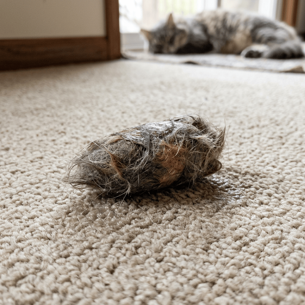 Clump of shed cat fur on carpet with sleeping cat behind it