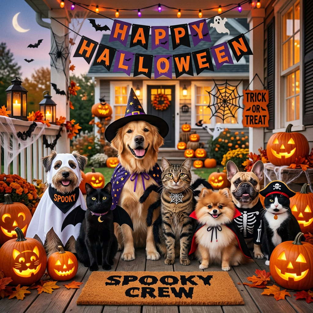 Six costumed pets pose on a Halloween-decorated porch beneath Happy Halloween banners.